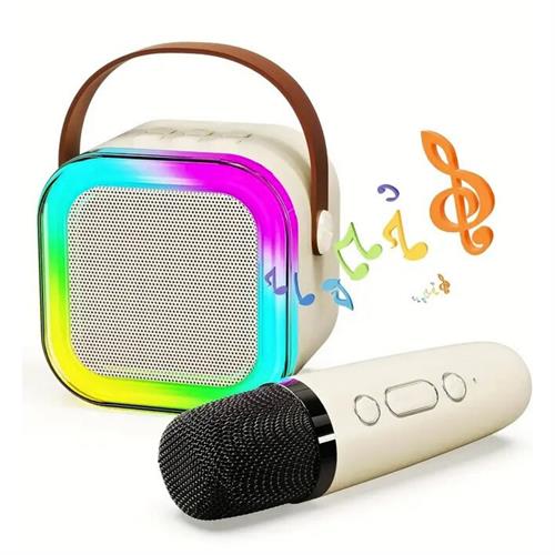 Bej K12 Renkli Işıklı Karaoke Hoparlör Tek Mikrofonlu Taşınabilir Bluetooth Müzik Kutusu Led Efektli Kablosuz Şarjlı Speaker
